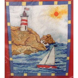 Plaid Bucilla Sailboat Counted Cross Stitch Kit 45955 Lighthouse Sea Sun US Flag